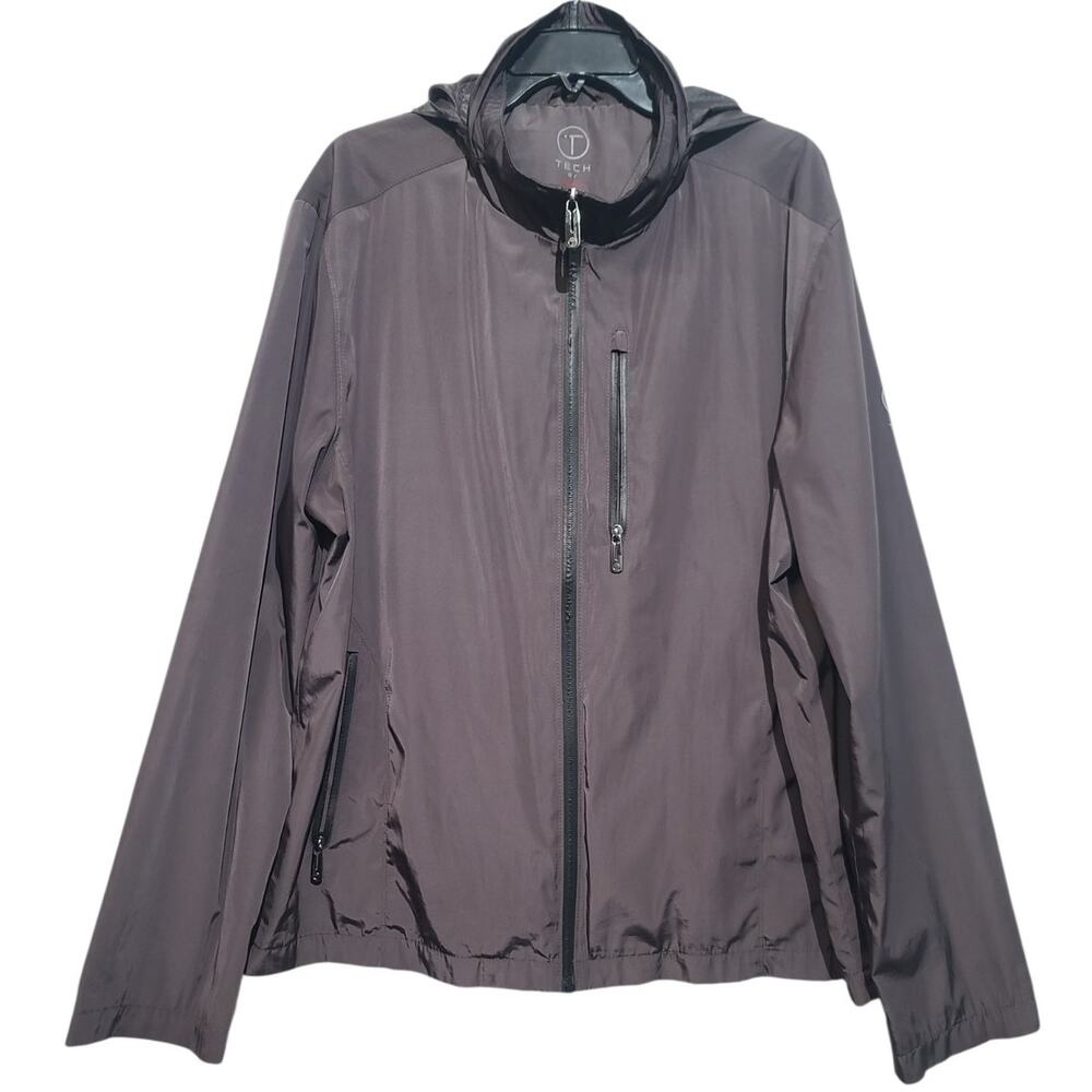 T-Tech by Tumi Men XL Rain Jacket Packable Lightweight Brown Sheen Hooded